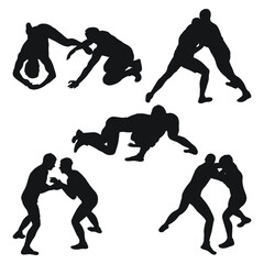 Set of silhouettes people fighting, MMA fighters. Greco Roman wrestling, fight, combating; struggle; grappling; duel, mixed martial art, sportsmanship