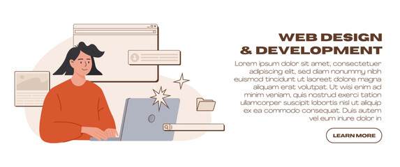 Web UI UX design website development web banner template. Female freelancer at work creating content. Online business, communication, marketing. Content manager working on laptop. Vector illustration.