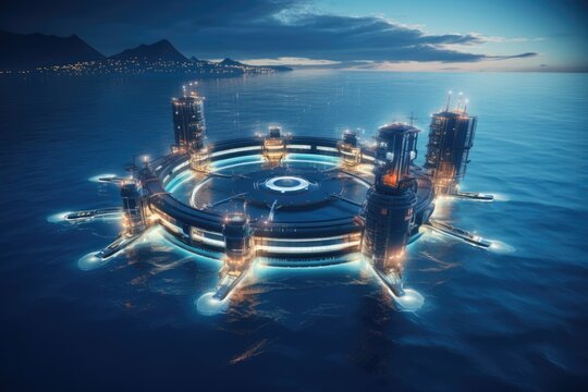 Futuristic power plant of the future in the ocean, water energy