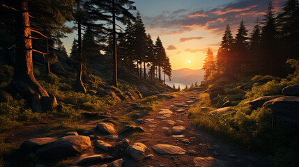 beautiful sunset forest landscape, Generative Ai