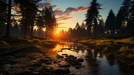beautiful sunset forest landscape, Generative Ai