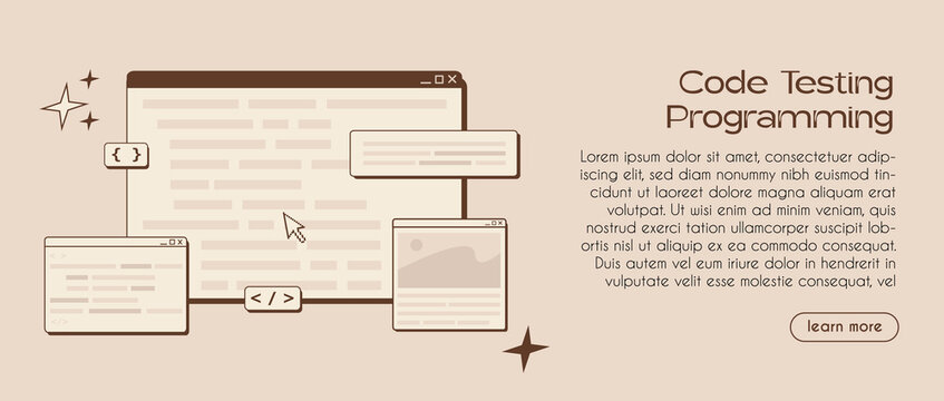Software developer or code testing web banner template. Website development concept in trendy retro colors. Concept of script coding, ui ux design and programming in php, python, javascript. Vector.