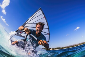 Naklejka premium Exhilarating experience of windsurfing from a first-person perspective.