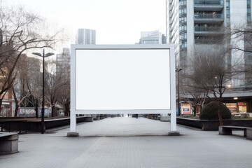 advertising white empty Billboard in the middle of the city alley or passage with modern buildings background