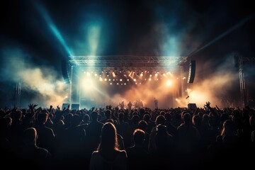 Rock concert in a large area with many visitors. - obrazy, fototapety, plakaty