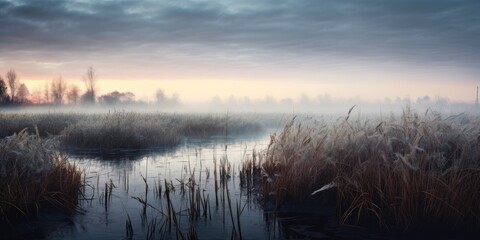 A serene, fog-covered marshland, with reeds swaying gently in the morning mist. Generative AI