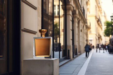 blank Perfume Bottle Mockup on the Street Background with Cafe and Buildings