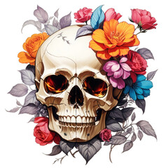 Fototapeta premium Skull covered with flowers illustration on isolated png background. Generative AI