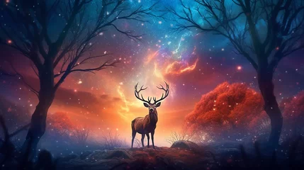 Foto auf Acrylglas Fantasielandschaft fantastic landscape lone deer fantasy style. dream fairy tale magic art.
