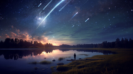 landscape meteor shower in the starry sky. - obrazy, fototapety, plakaty
