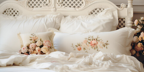 Fototapeta na wymiar Classic white printed flowers Bed sheet and pillows Luxurious Floral Dreamscape Classic White Printed Flowers Bed Sheet and Pillow Ensemble AI Generative 