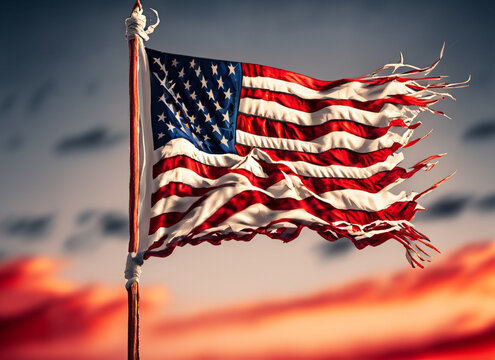 dramatic wavy american flag in the red sky