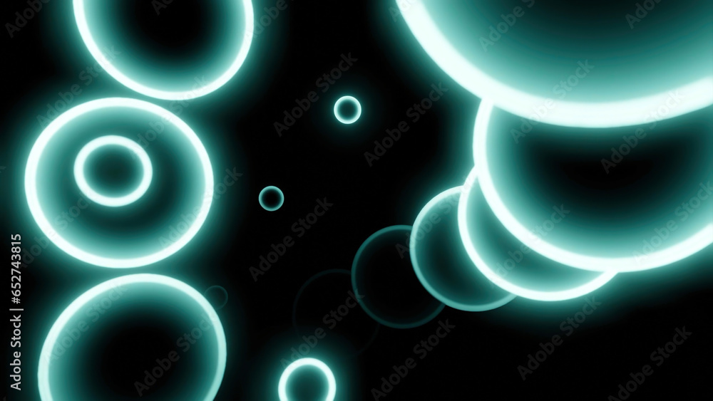 Poster neon 3d balls move in spiral in space. design. glowing rings with the shape of 3d ball on black back