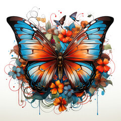 Watercolor Butterfly with flowers Illustration, Generative Ai