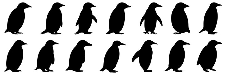 Penguin antarctica and arctic silhouettes set, large pack of vector silhouette design, isolated white background
