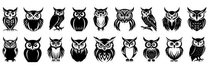 Owl bird silhouettes set, large pack of vector silhouette design, isolated white background