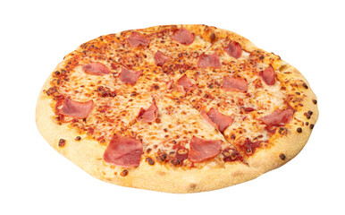 Italian Pizza Isolated, Ham Pizza with Mozzarella Cheese, Traditional Italian Flatbread Cut Out on White