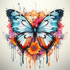 Watercolor Butterfly with flowers Illustration, Generative Ai