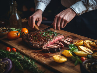 hands of shef placing cooked steak on a table