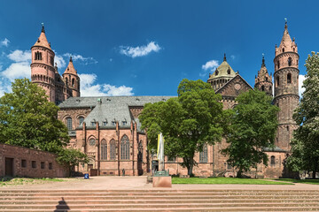Worms Cathedral, Germany. The cathedral was built from about 1130 to 1181. This is one of the three Rhenish imperial cathedrals besides the Mainz Cathedral and Speyer Cathedral.