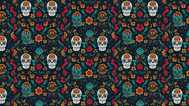 Dias de los Muertos pattern background in loop. Animated illustration with colorful skulls in background. Mexican traditional holiday. Pattern carnival background. Loop video animation skulls