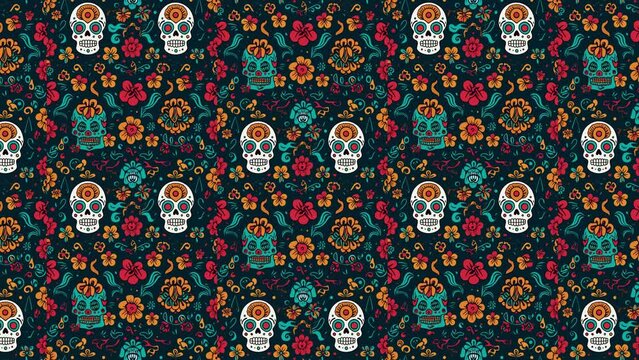 Dias de los Muertos pattern background in loop. Animated illustration with colorful skulls in background. Mexican traditional holiday. Pattern carnival background. Loop video animation skulls