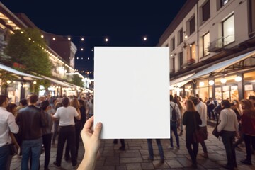 Woman Hand Holding a Blank Sign or canvas in a Busy City Street at Night, point of view, PoV - obrazy, fototapety, plakaty