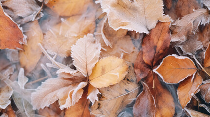 Frost covered closeup autumn leaves beautiful background. Cold weather frozen winter seasonal scene.