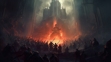 pc game simulation online horror castle attack dark forces warriors battle screen. - obrazy, fototapety, plakaty