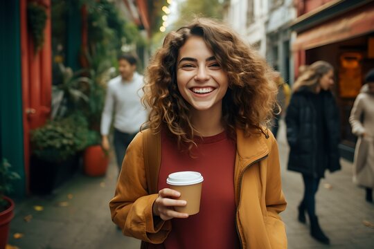 Herbstliche Freude: L&auml;chelnde Frau mit Kaffee im Freien