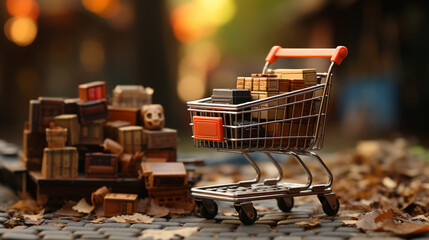 Online-Shopping-Konzept: Miniatur-Einkaufswagen im Fokus - obrazy, fototapety, plakaty