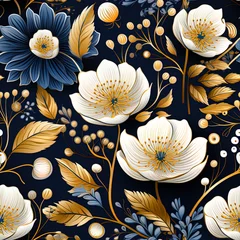Zelfklevend Fotobehang Floral prints, in the style of bold graphic illustrations, line art, blue, white and gold. © Bogdan