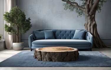 Blue Sofa and Wooden Table, Tree Design in Wall, Interior of Modern Living Room, using Generative ai 