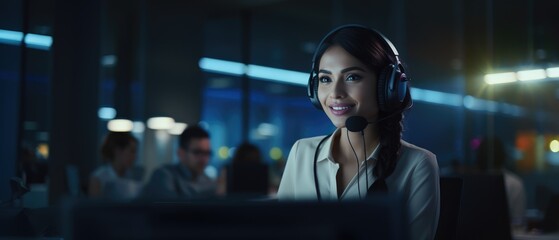 call center woman wearing headphone smiled working and providing service with courtesy and attention front of laptop, Generative AI