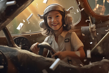 Young girl ready to travel with plane toy. Cute kid happy with Imagining to fly a plane. Generative...