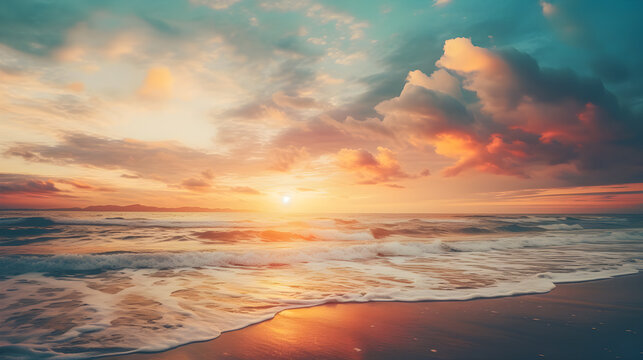 Sunrise on the beach - vintage filter. Sea waves lash line impact rock on the bea. Seaside under a rough sky