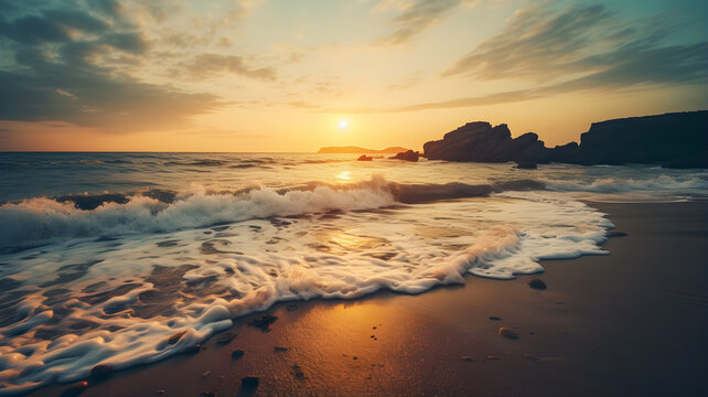Sunrise on the beach - vintage filter. Sea waves lash line impact rock on the bea. Seaside under a rough sky