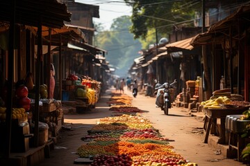 Colorful street market with vendors and shoppers, Generative AI.