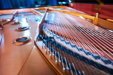 Musical instrument piano close-up. Internal structure. Concert instrument .
