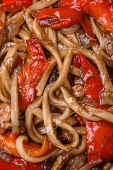 Delicious asian udon dish with vegetables, mushrooms, salt and spices