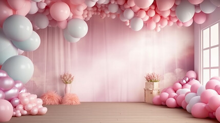 pink decor balloons in the room festive atmosphere copy space. Generative AI