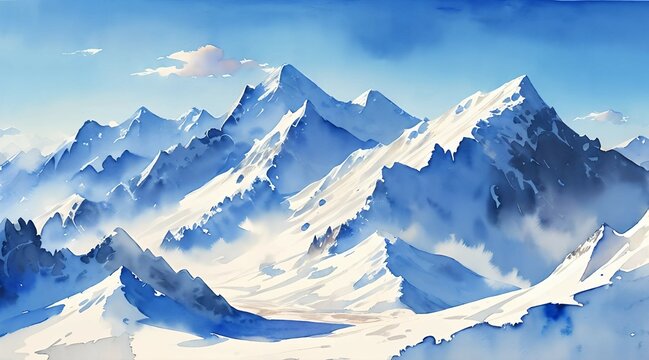 雪に覆われた山脈・水彩画風