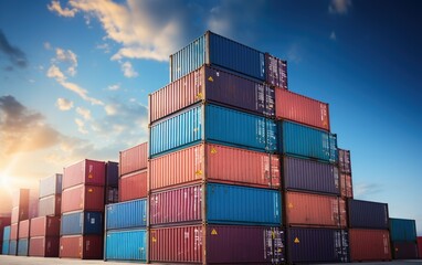 Stack of cargo container boxes with sky background. Cargo freight shipping for import and export logistics. Generative AI