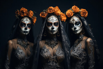 Portrait of three female models with skull makeup faces in traditional costumes. Day of the Dead celebration concept.