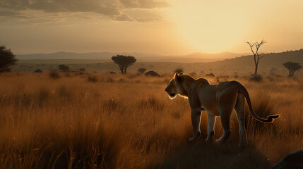 Naklejka premium Cinematic Fresco: Lion in the African Savannah at Sunset