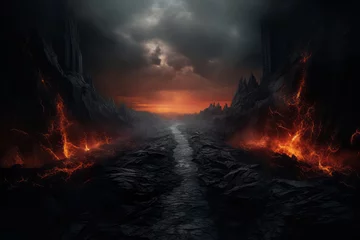 Poster Apocalyptic inferno underworld landscape with road to hell. Life after death religious concept. © Bisams