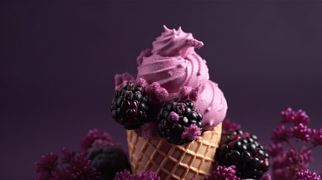 Lavender Luxe: A Close-Up of Berry-Decorated Purple Ice Cream