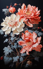 Oriental style flower wall art on black paper, in the style of light pink and light gray, traditional chinese