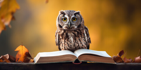 Wise Owl and Open Book. Owl reading book on a autumn background. Reading and Education concept