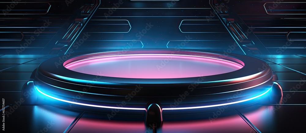 Poster sleek sci fi display in empty spaceship room with blue earth backdrop cyberpunk neon space tech and 